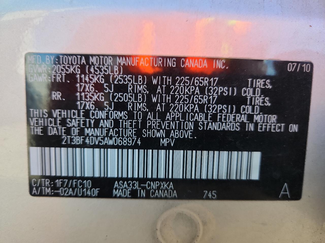 2010 Toyota Rav4 VIN: 2T3BF4DV5AW068974 Lot: 90889295