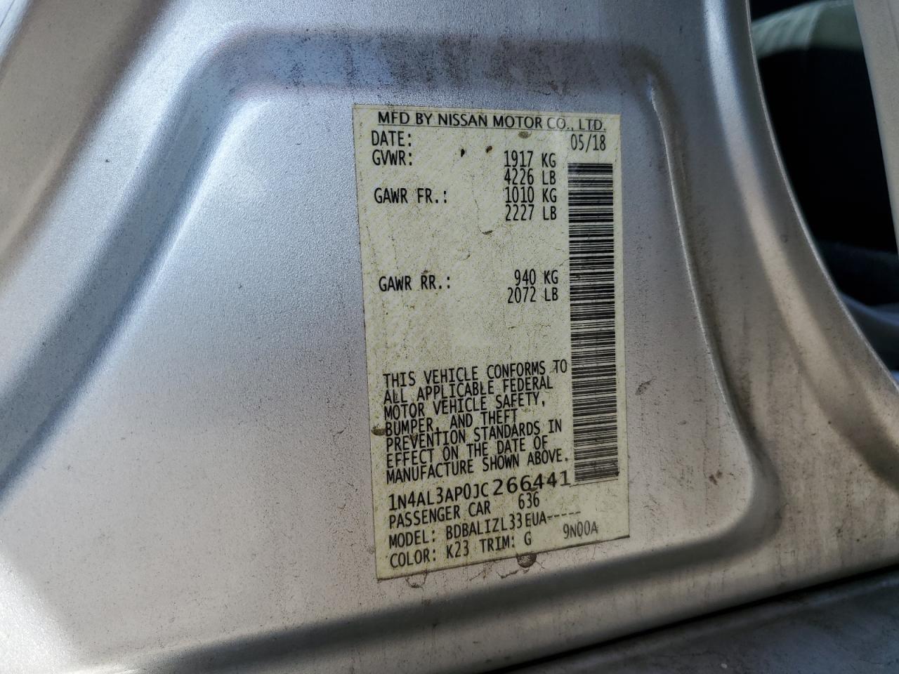 2018 Nissan Altima 2.5 VIN: 1N4AL3AP0JC266441 Lot: 85566615