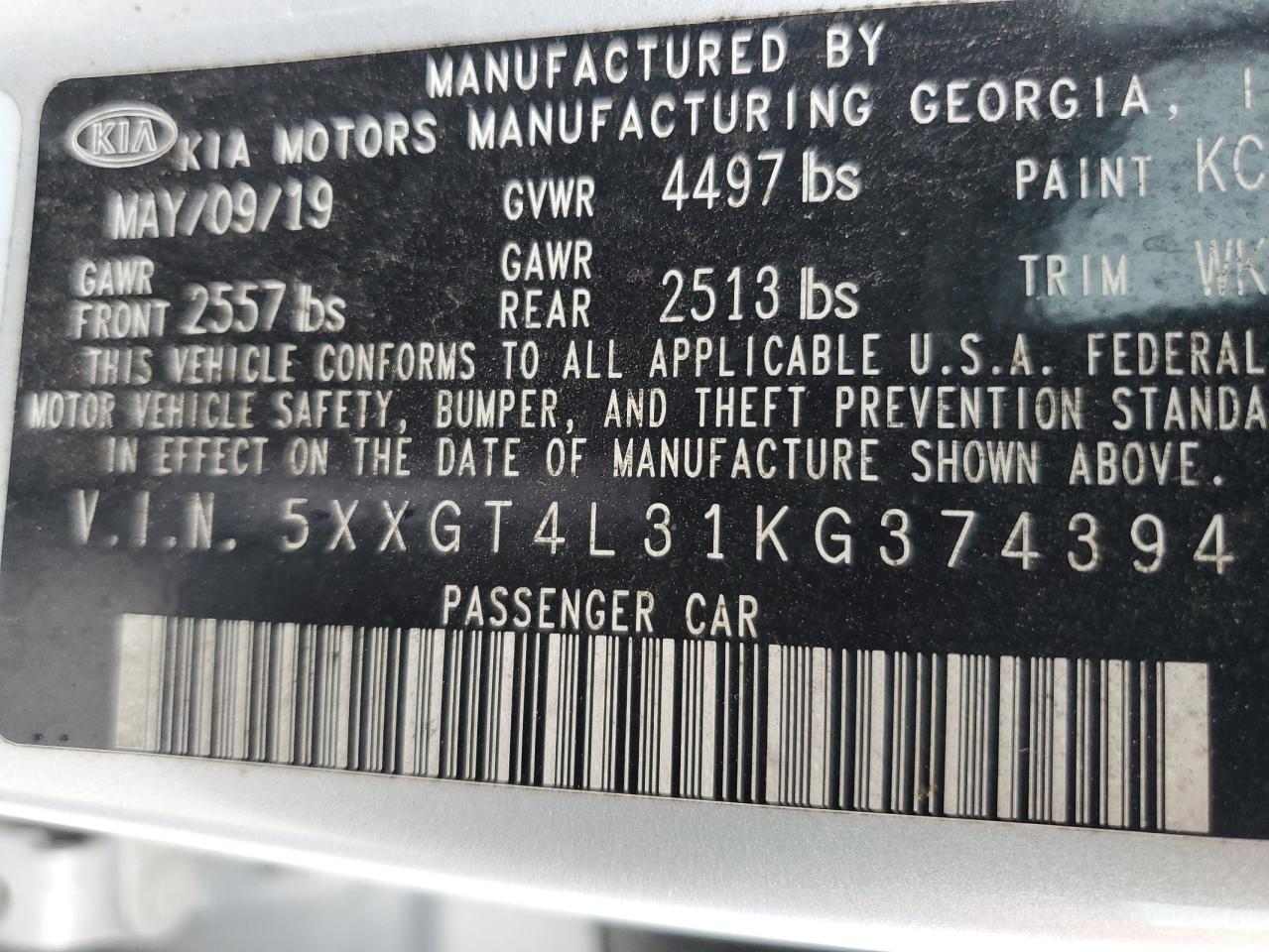 2019 Kia Optima Lx VIN: 5XXGT4L31KG374394 Lot: 85375775