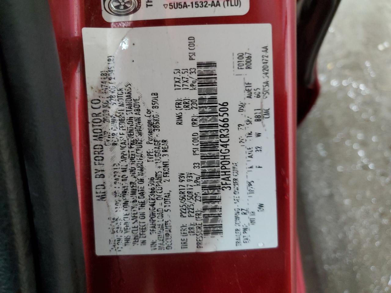 2012 Ford Fusion Se VIN: 3FAHP0HG4CR366506 Lot: 90243835