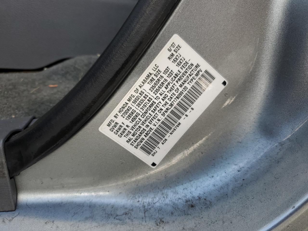 2007 Honda Odyssey Exl VIN: 5FNRL38717B099120 Lot: 85572515