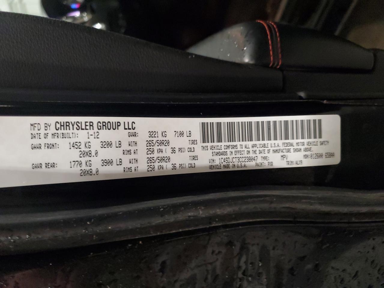 2012 Dodge Durango R/T VIN: 1C4SDJCT3CC238047 Lot: 90255075