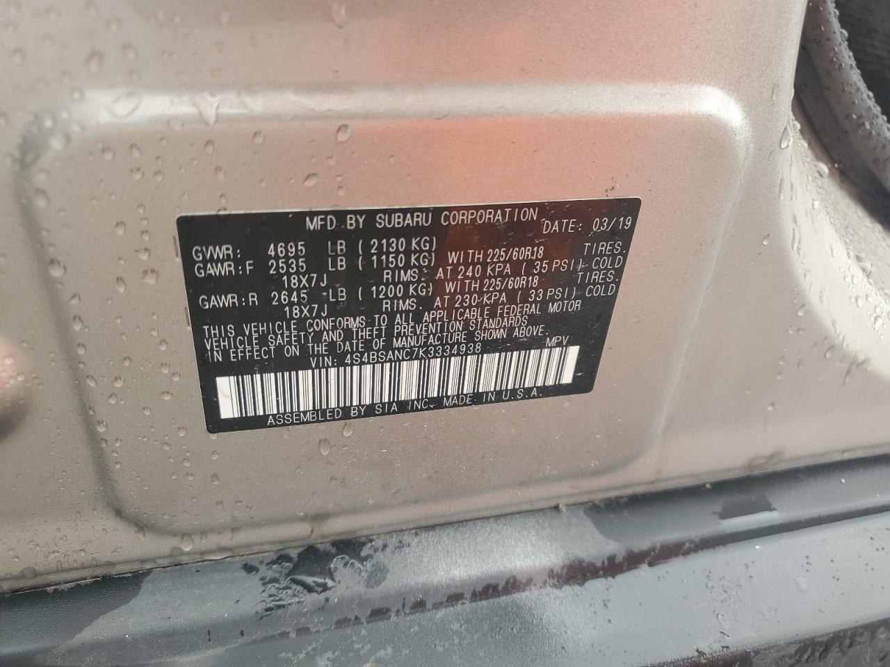 2019 Subaru Outback 2.5I Limited VIN: 4S4BSANC7K3334938 Lot: 82255875