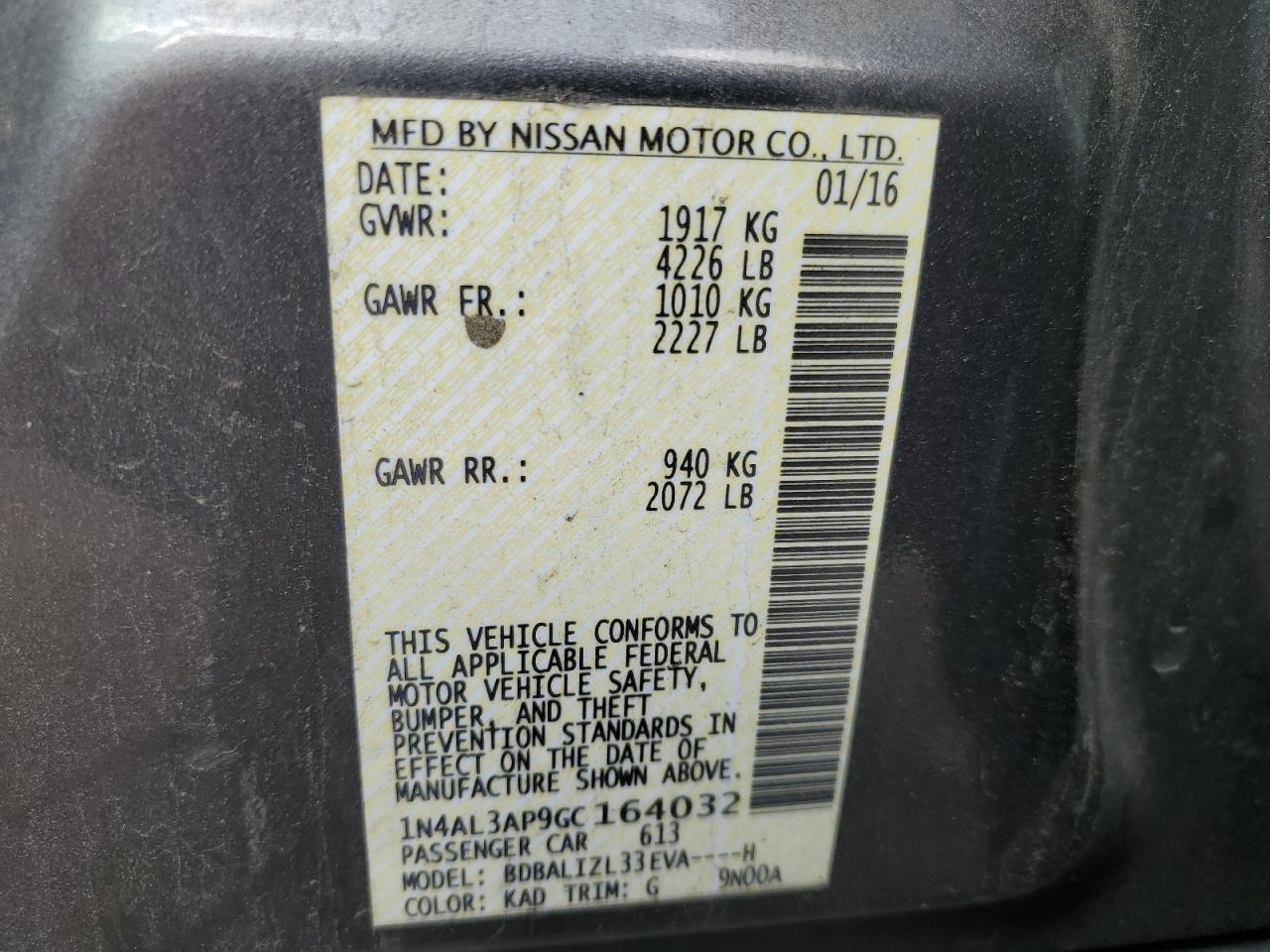 2016 Nissan Altima 2.5 VIN: 1N4AL3AP9GC164032 Lot: 90872115