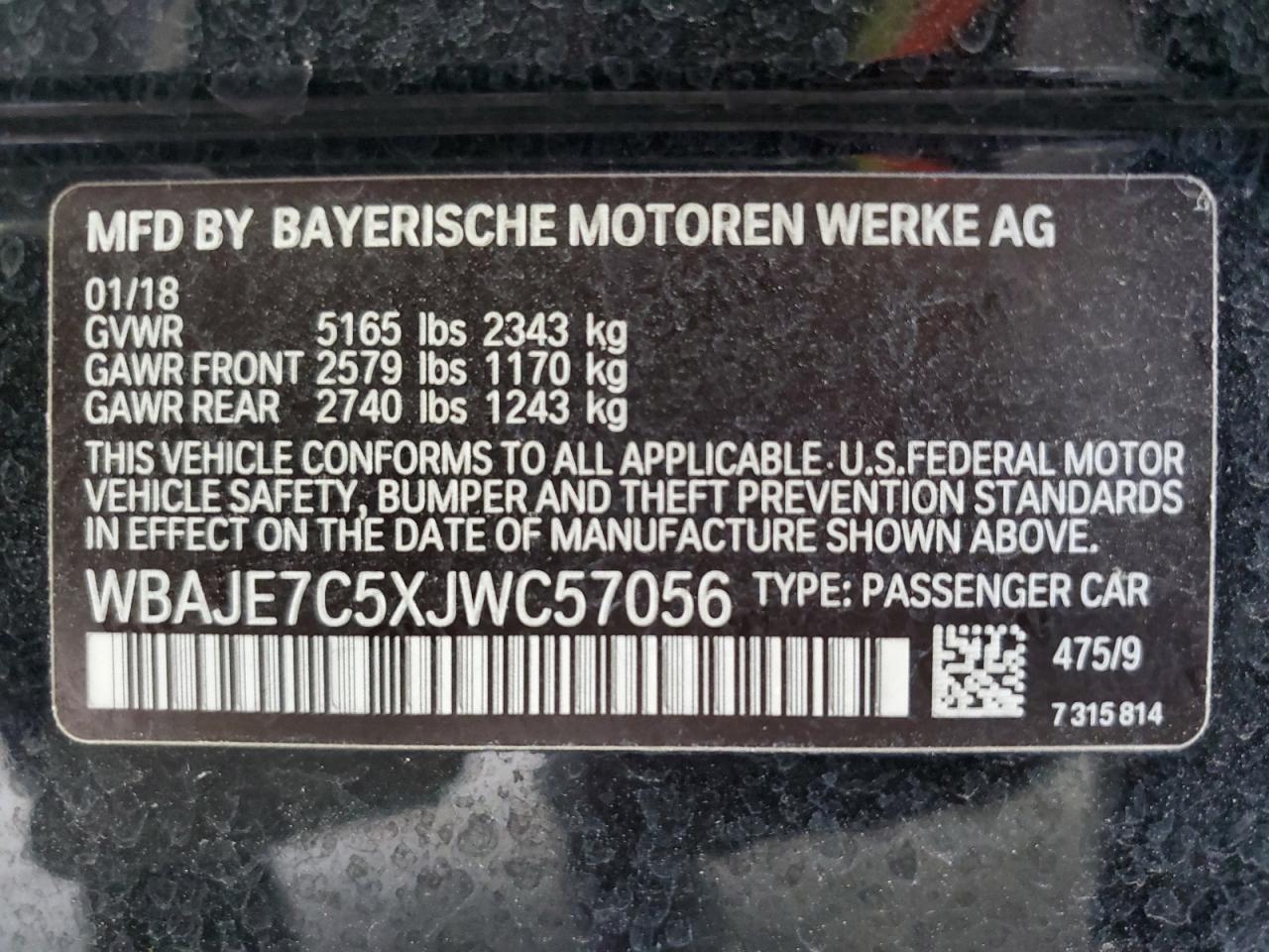 2018 BMW 540 Xi VIN: WBAJE7C5XJWC57056 Lot: 82409125