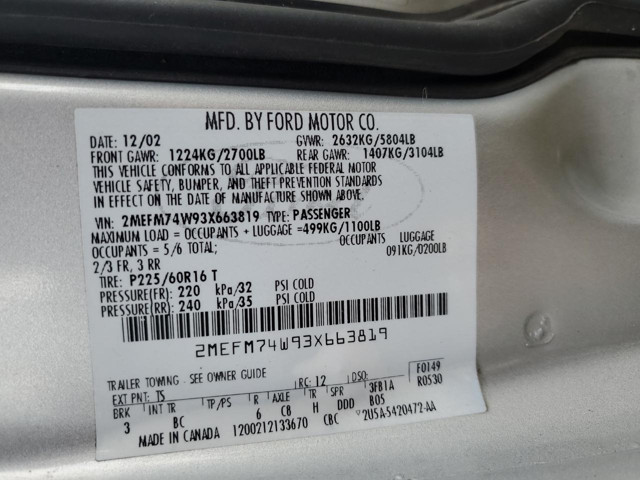 2003 Mercury Grand Marquis Gs VIN: 2MEFM74W93X663819 Lot: 90864285