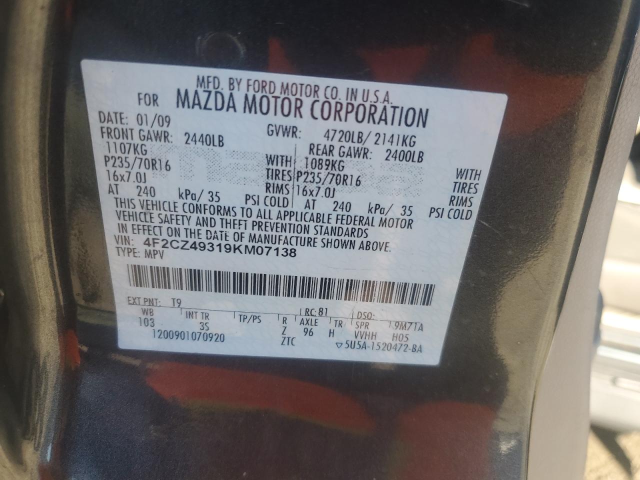 2009 Mazda Tribute Hybrid VIN: 4F2CZ49319KM07138 Lot: 87165615