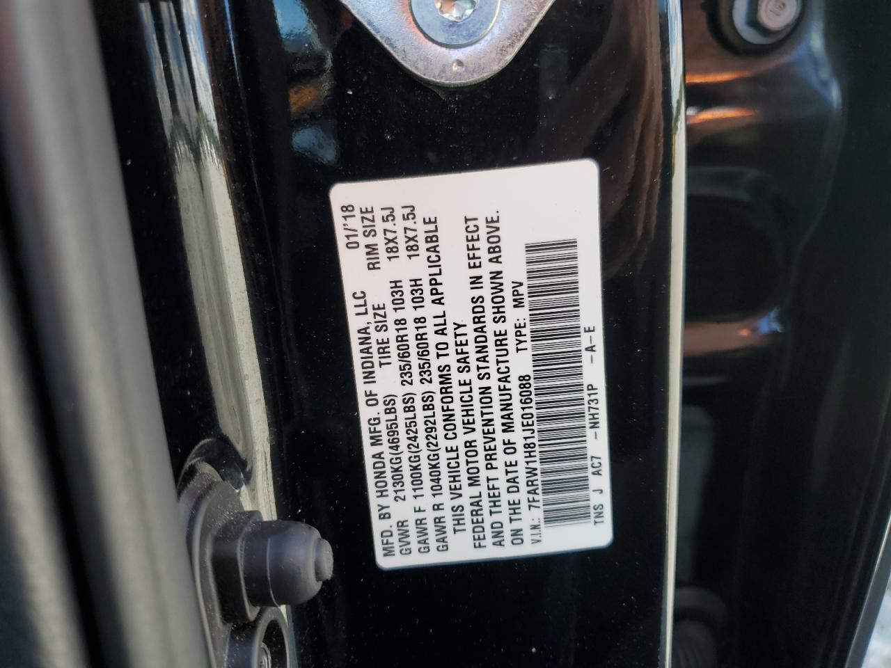 2018 Honda Cr-V Exl VIN: 7FARW1H81JE016088 Lot: 94162465