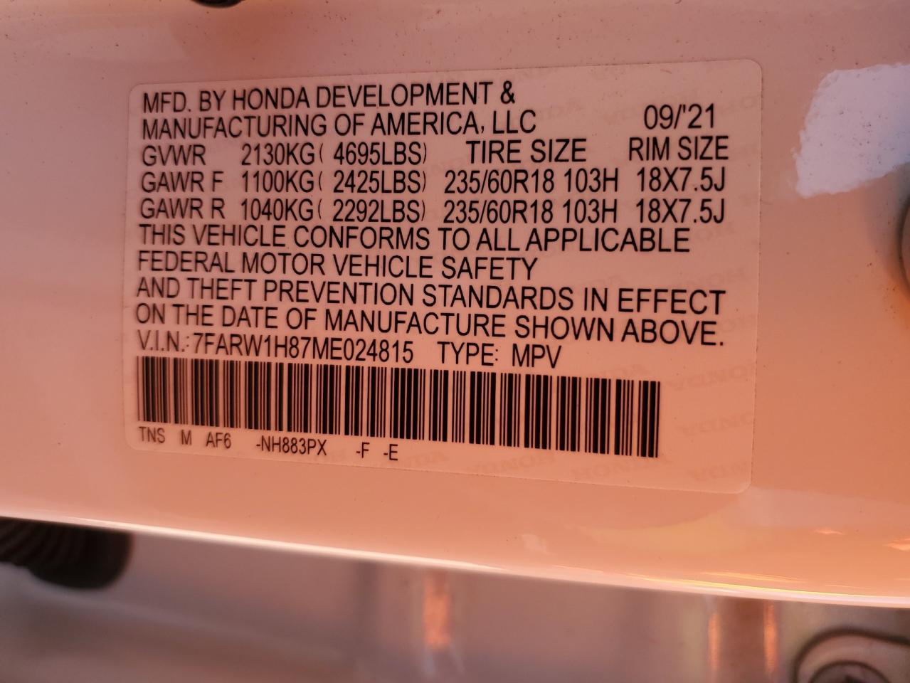 2021 Honda Cr-V Exl VIN: 7FARW1H87ME024815 Lot: 86545985