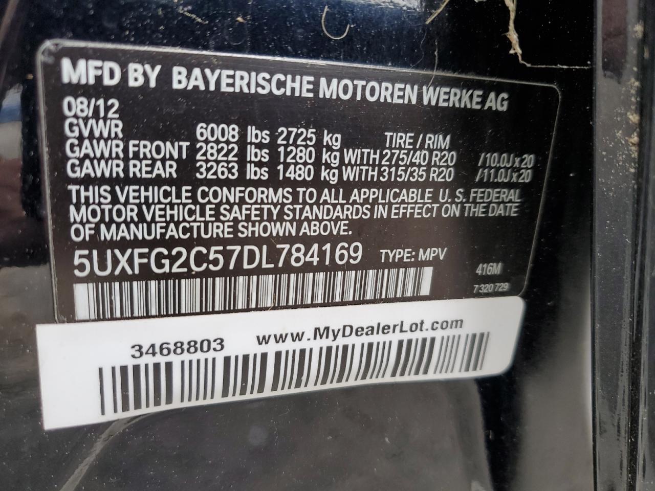 2013 BMW X6 xDrive35I VIN: 5UXFG2C57DL784169 Lot: 87063515