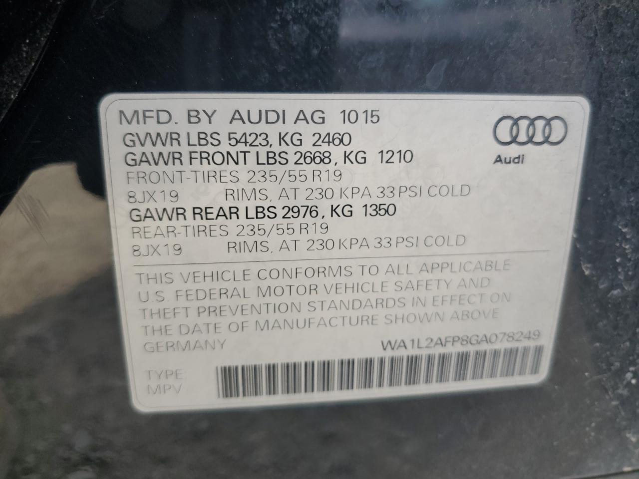 2016 Audi Q5 Premium Plus VIN: WA1L2AFP8GA078249 Lot: 85589455