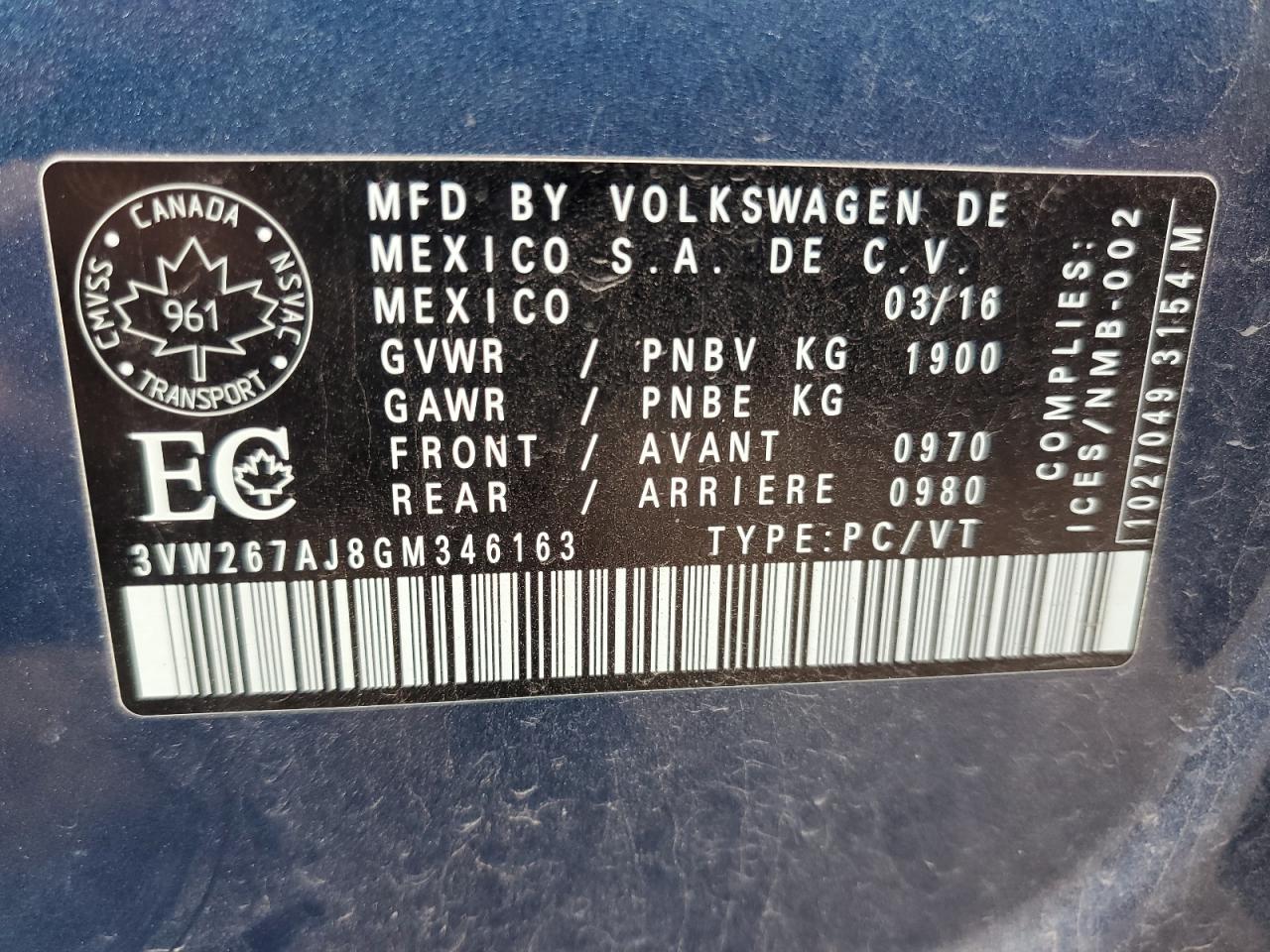 2016 Volkswagen Jetta S VIN: 3VW267AJ8GM346163 Lot: 86146595