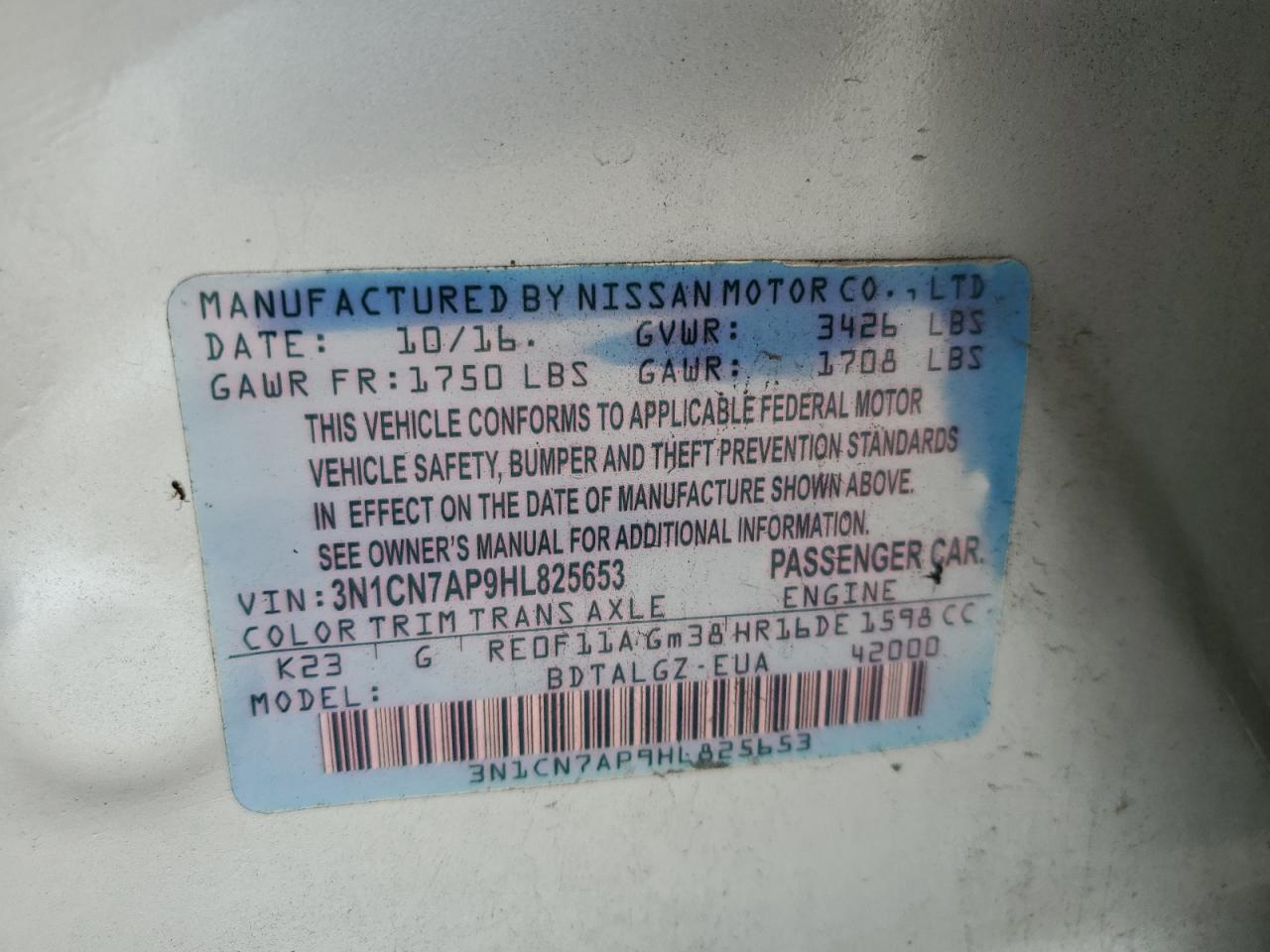 2017 Nissan Versa S VIN: 3N1CN7AP9HL825653 Lot: 82304835