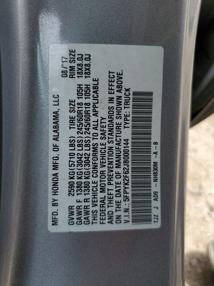 2018 Honda Ridgeline Rtl VIN: 5FPYK2F62JB000144 Lot: 85729895