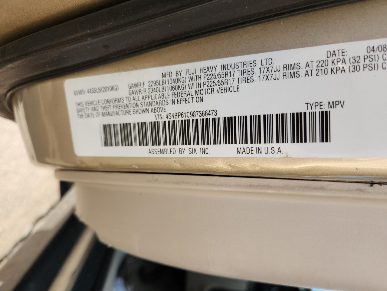 2008 Subaru Outback 2.5I VIN: 4S4BP61C987366473 Lot: 86484275