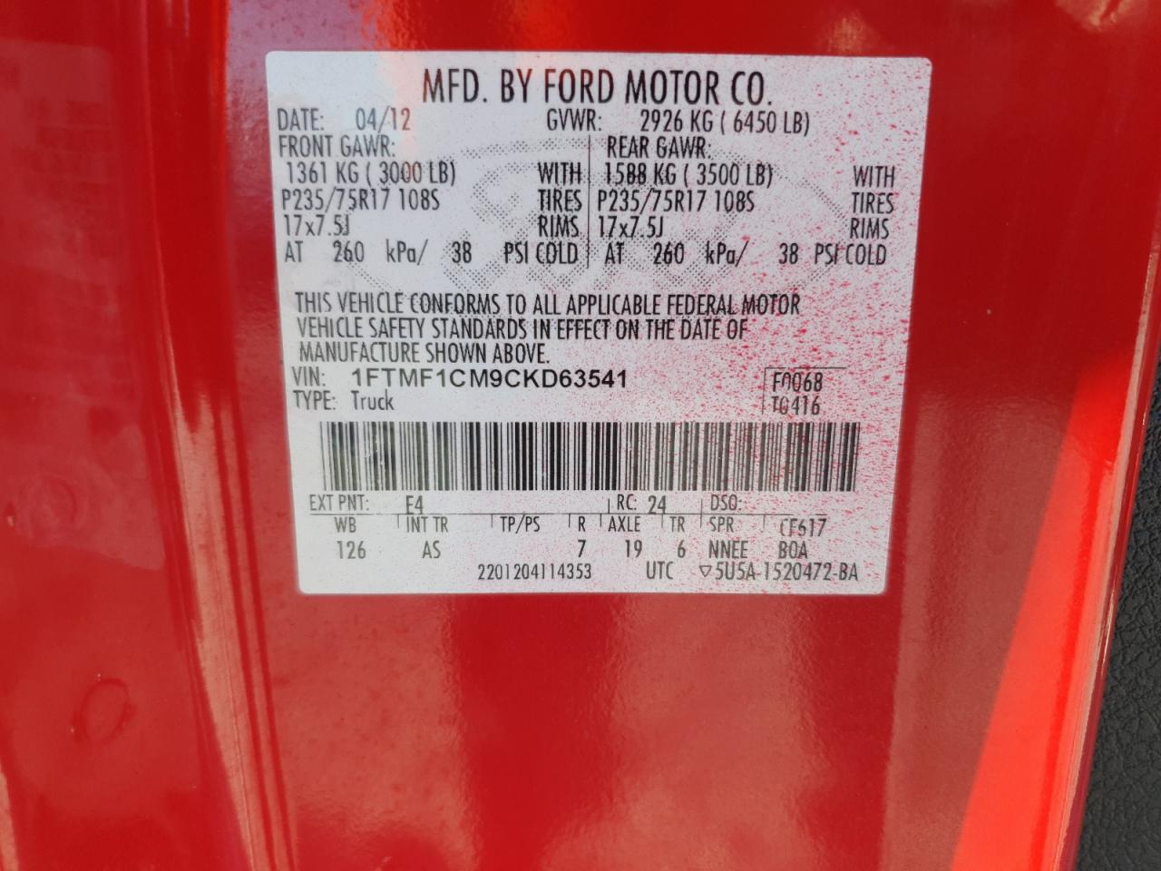 2012 Ford F150 VIN: 1FTMF1CM9CKD63541 Lot: 87296375