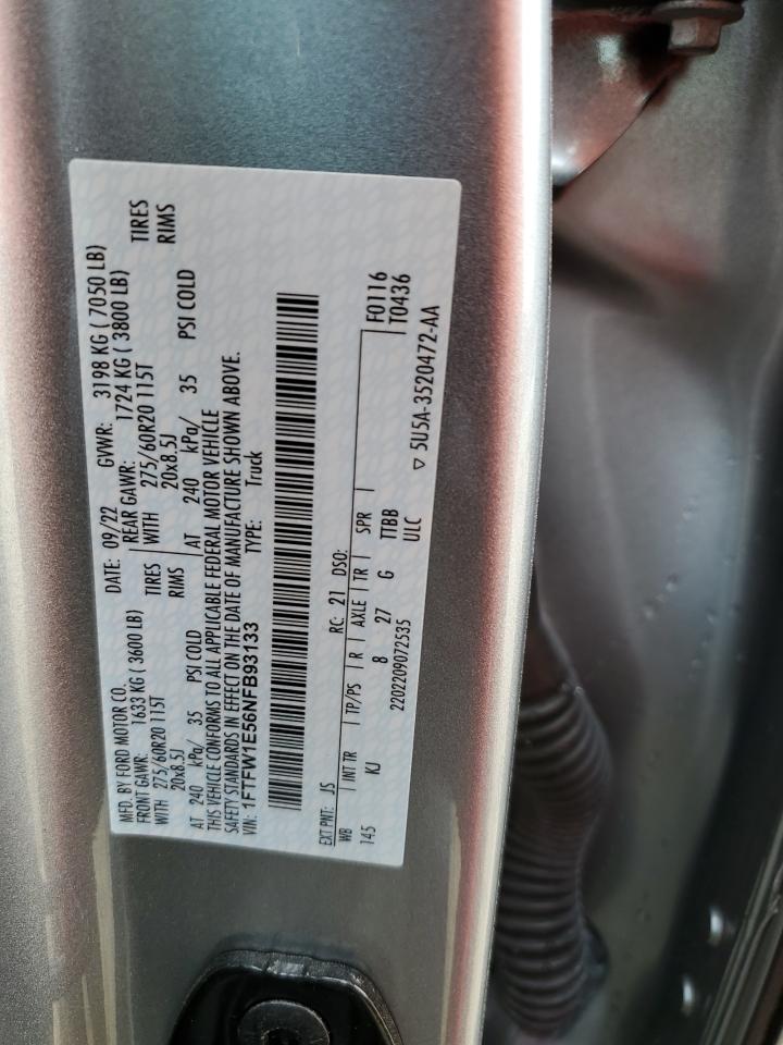 2022 Ford F150 Supercrew VIN: 1FTFW1E56NFB93133 Lot: 84601175
