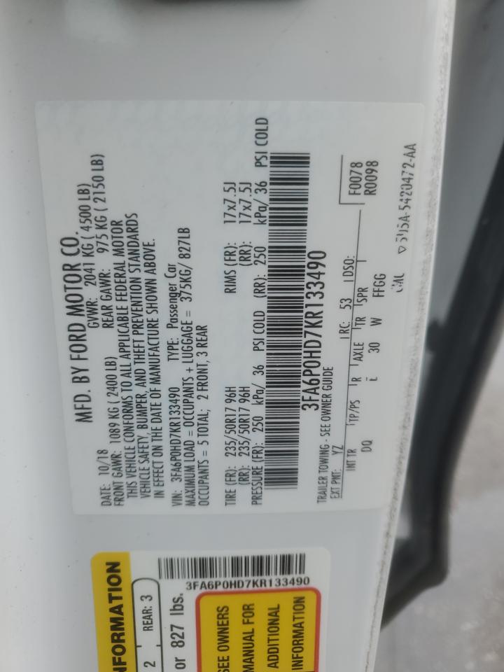 2019 Ford Fusion Se VIN: 3FA6P0HD7KR133490 Lot: 82689015