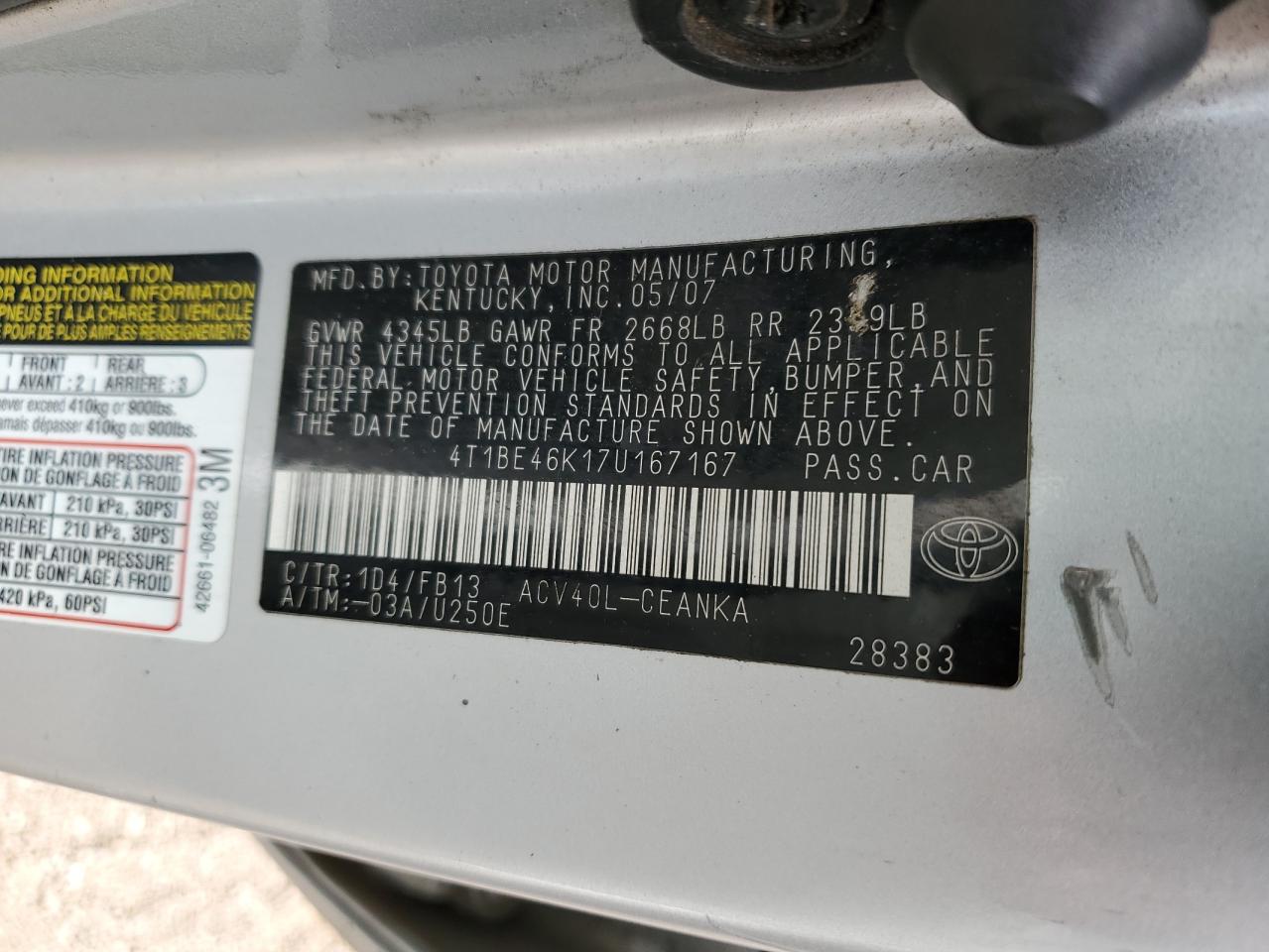 2007 Toyota Camry Ce VIN: 4T1BE46K17U167167 Lot: 86531745