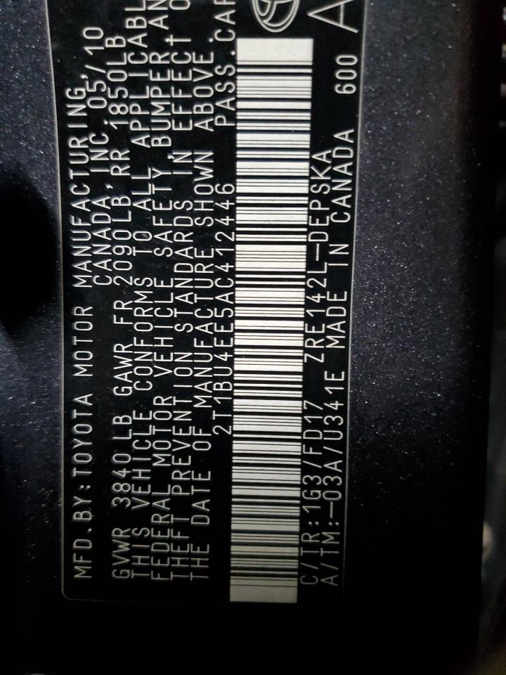 2010 Toyota Corolla Ba VIN: 412446 Lot: 85592625