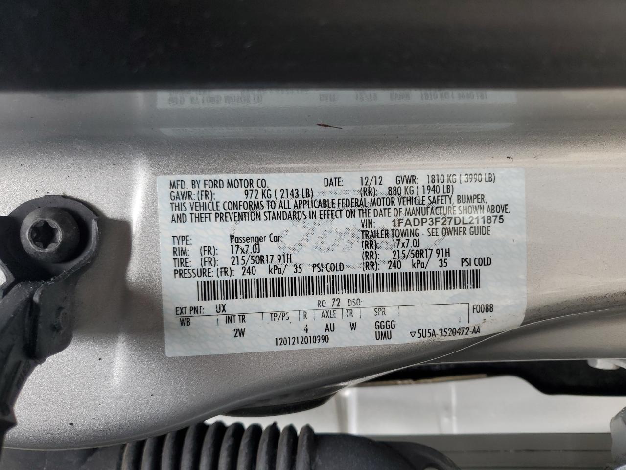 2013 Ford Focus Se VIN: 1FADP3F27DL211875 Lot: 85723425