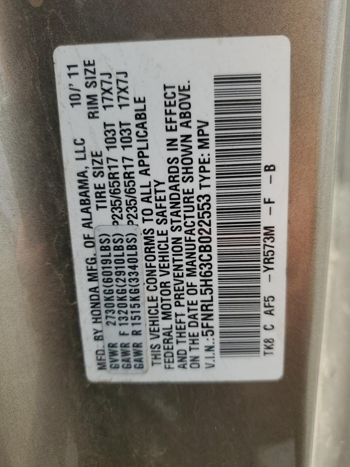 2012 Honda Odyssey Exl VIN: 5FNRL5H63CB022553 Lot: 85060865