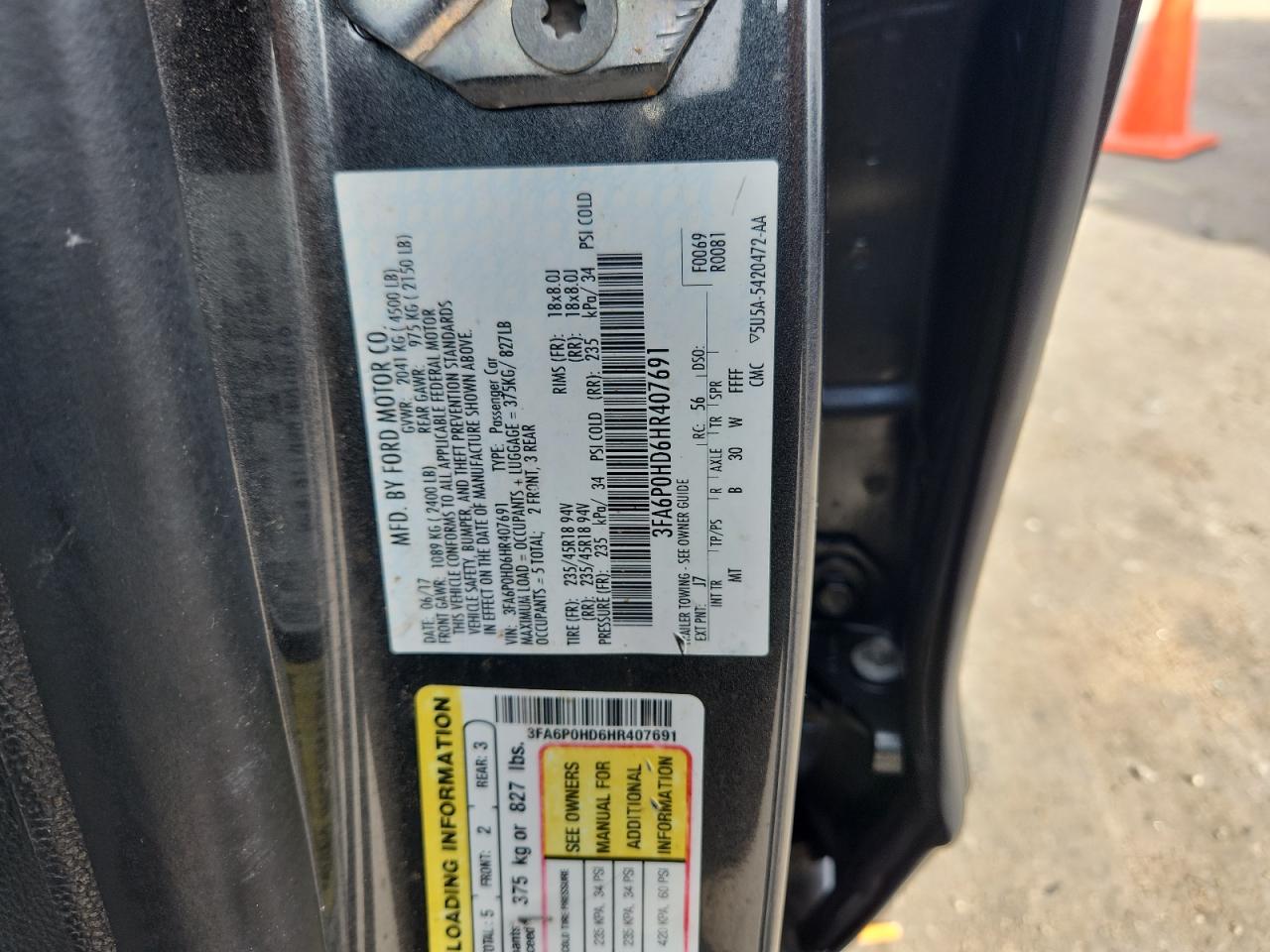 2017 Ford Fusion Se VIN: 3FA6P0HD6HR407691 Lot: 82401095