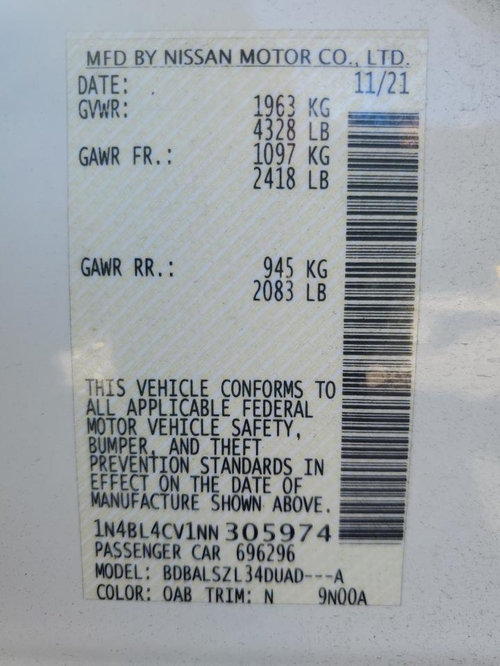 2022 Nissan Altima Sr VIN: 1N4BL4CV1NN305974 Lot: 90292245