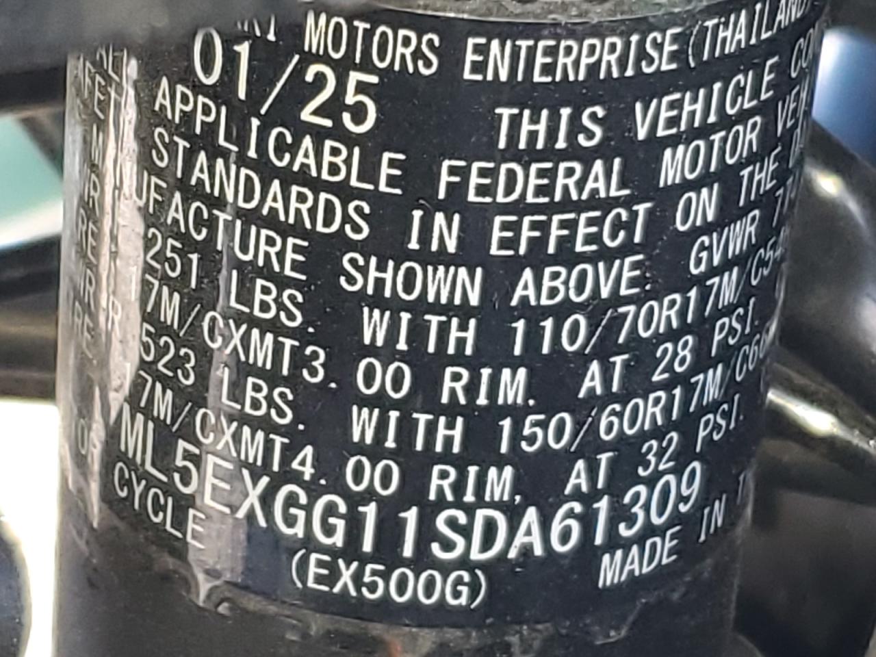 2025 Kawasaki Ex500 VIN: ML5EXGG11SDA61309 Lot: 82516175