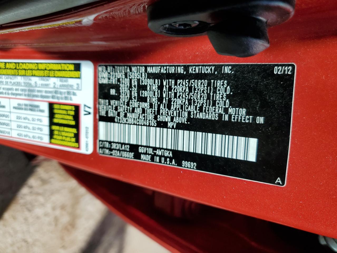 2012 Toyota Venza Le VIN: 4T3ZK3BB4CU048165 Lot: 85667795