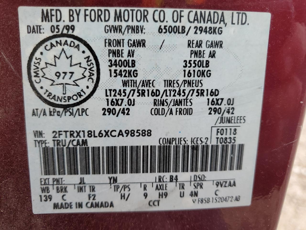 1999 Ford F150 VIN: 2FTRX18L6XCA98588 Lot: 82191215