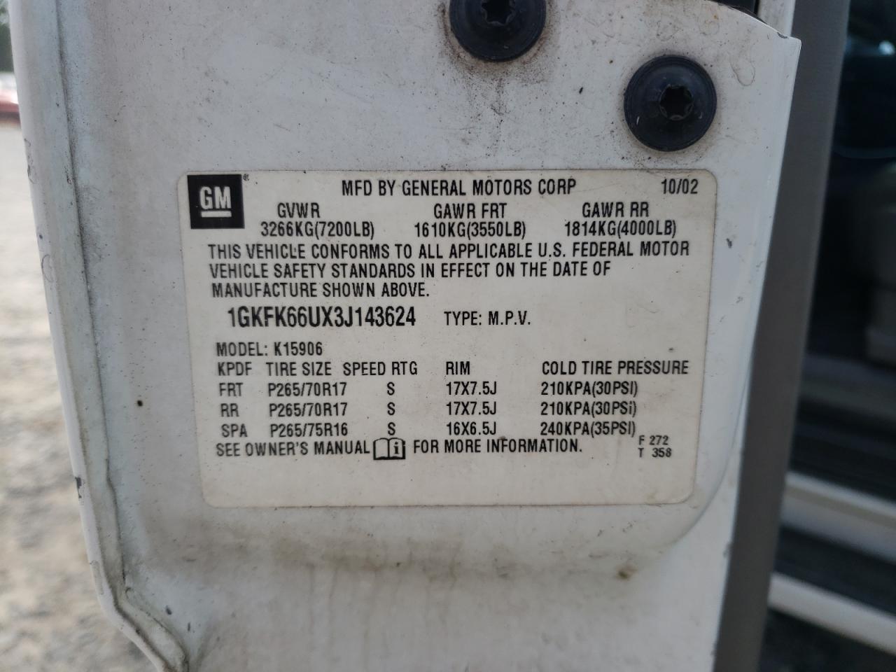 2003 GMC Yukon Xl Denali VIN: 1GKFK66UX3J143624 Lot: 85671935