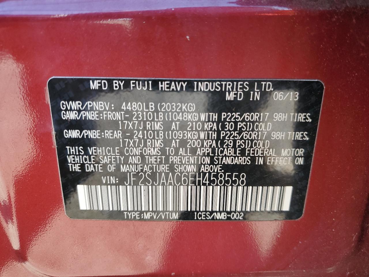 2014 Subaru Forester 2.5I VIN: JF2SJAAC6EH458558 Lot: 86837085