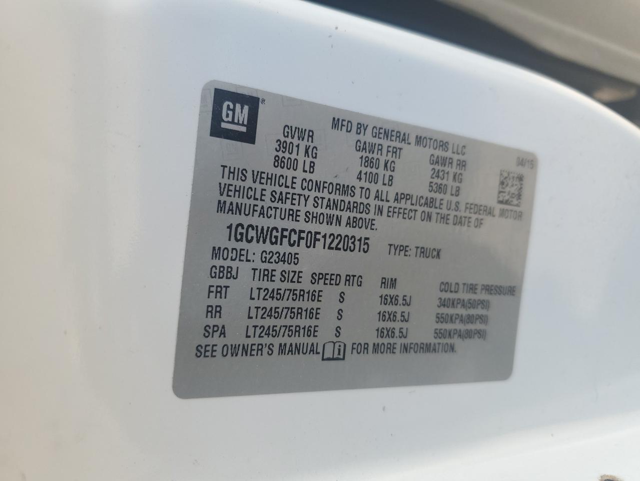 2015 Chevrolet Express G2500 VIN: 1GCWGFCF0F1220315 Lot: 86242975