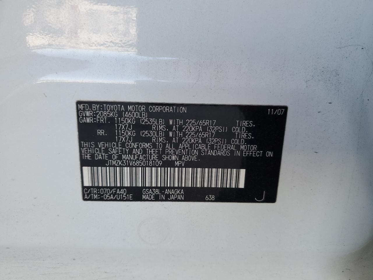 2008 Toyota Rav4 Limited VIN: JTMZK31V685018109 Lot: 85721865