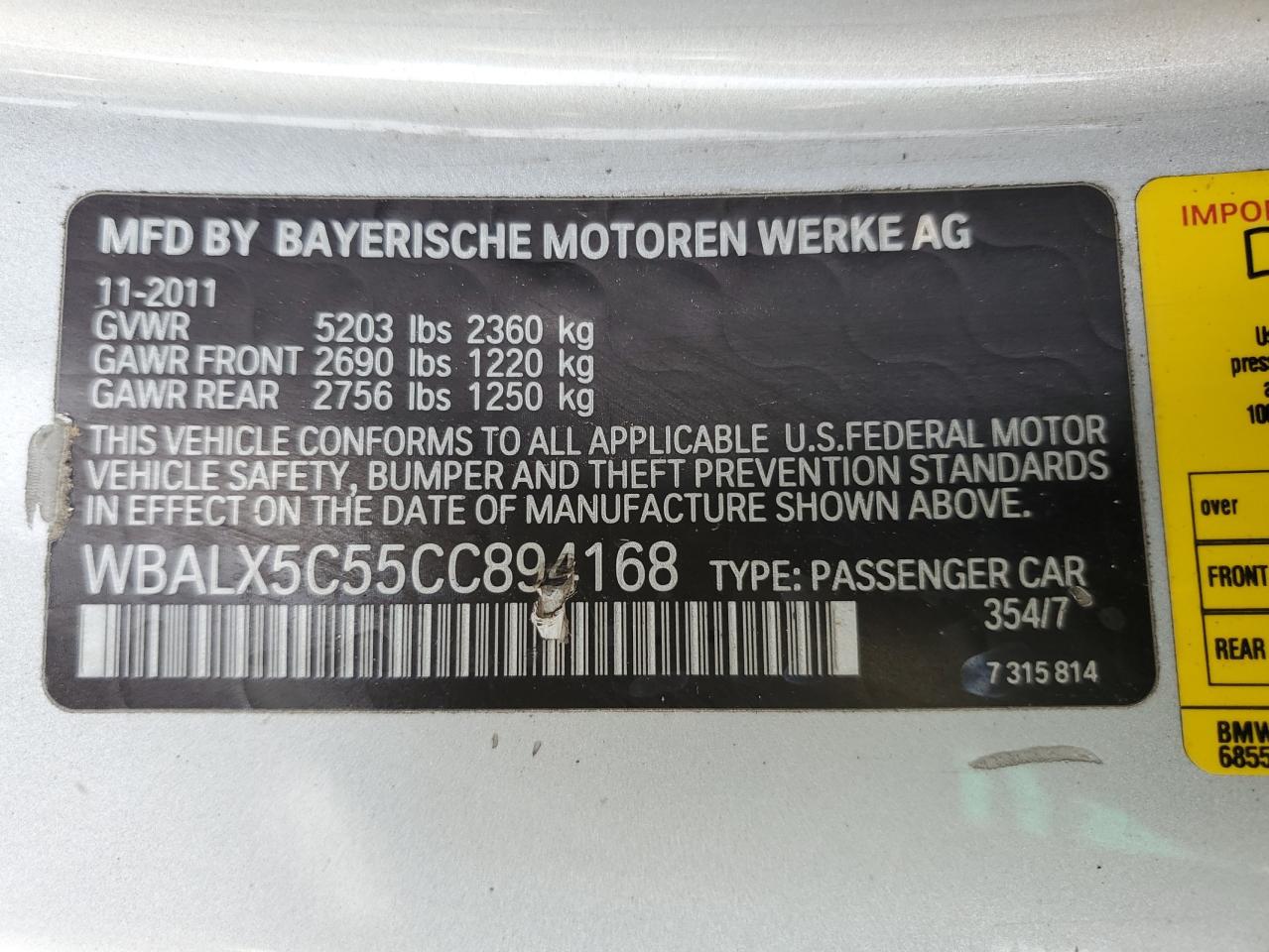 2012 BMW 650 Xi VIN: WBALX5C55CC894168 Lot: 82527275