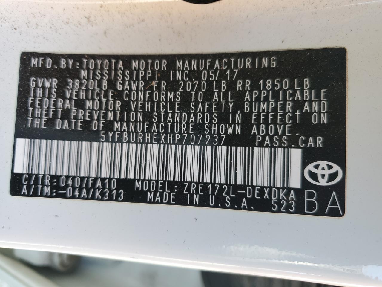 2017 Toyota Corolla L VIN: 5YFBURHEXHP707237 Lot: 84906505