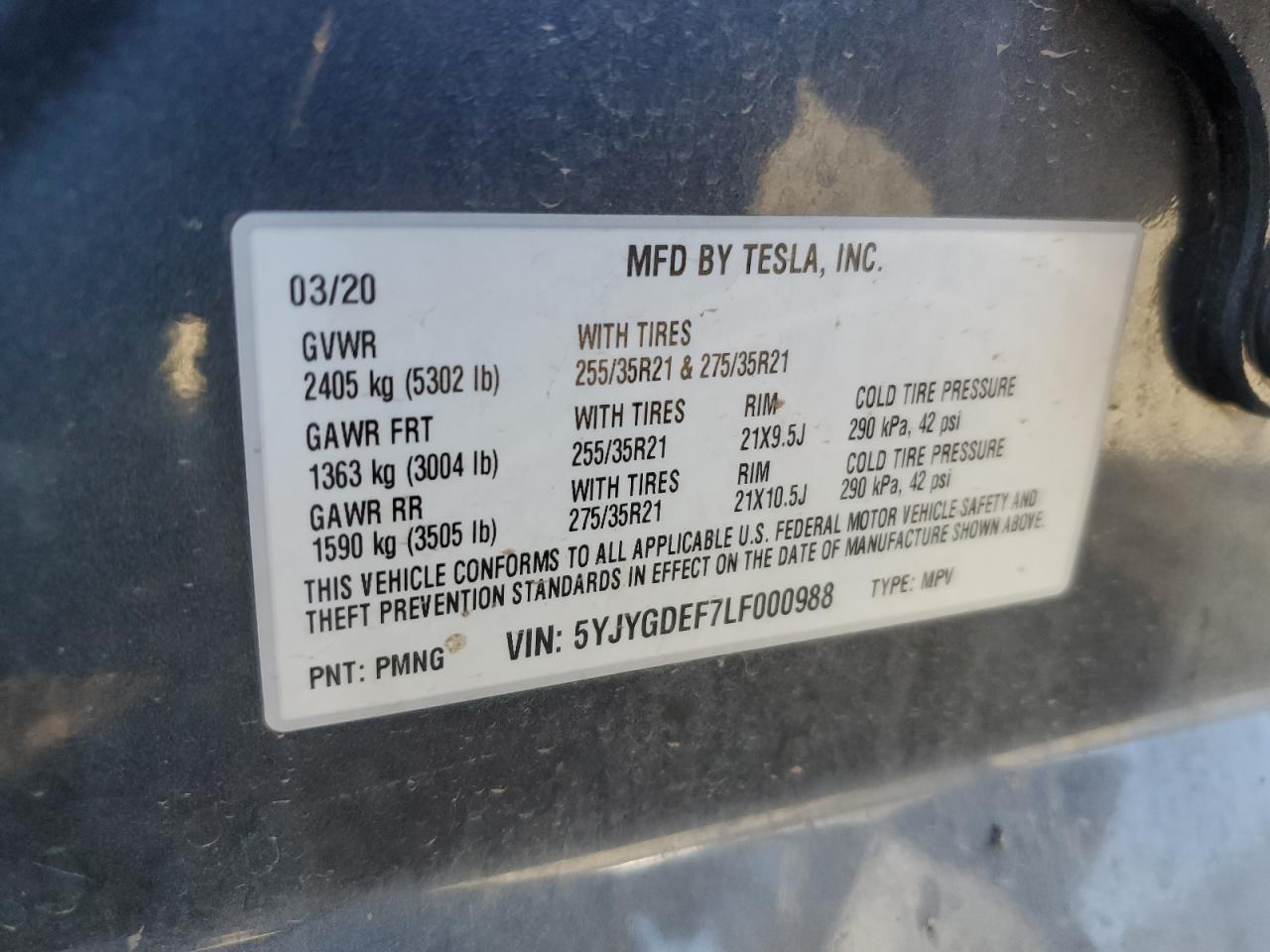 2020 Tesla Model Y VIN: 5YJYGDEF7LF000988 Lot: 85408255