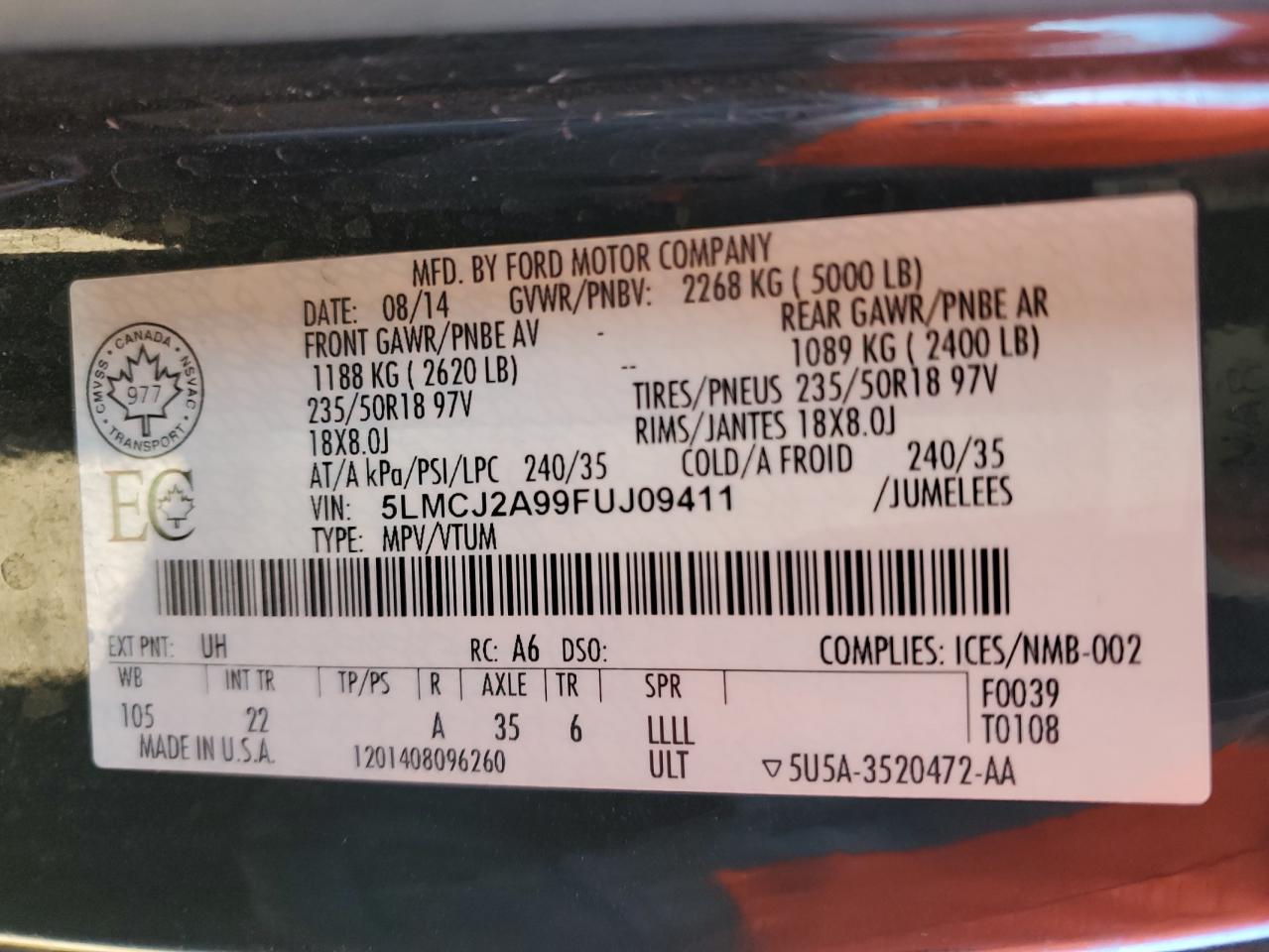 2015 Lincoln Mkc VIN: 5LMCJ2A99FUJ09411 Lot: 86523975