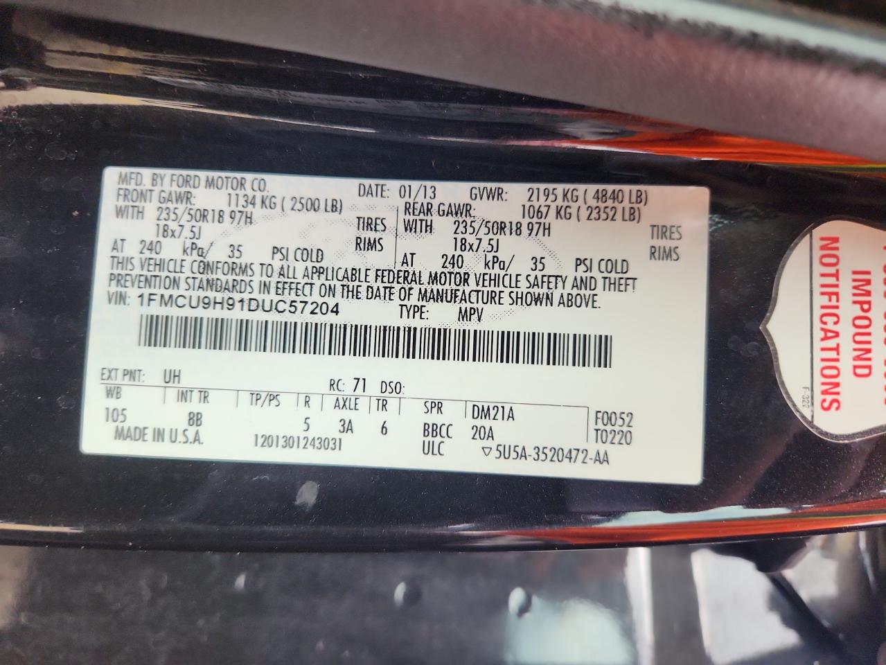 2013 Ford Escape Sel VIN: 1FMCU9H91DUC57204 Lot: 84805595