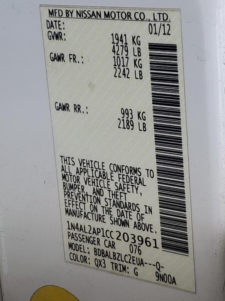 2012 Nissan Altima Base VIN: 1N4AL2AP1CC203961 Lot: 86654375