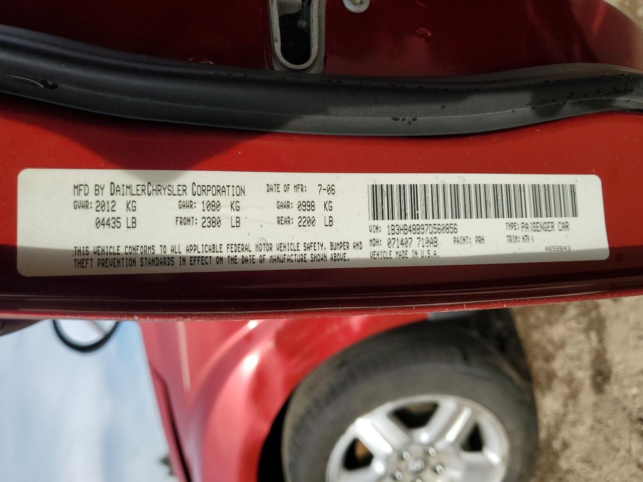 2007 Dodge Caliber Sxt VIN: 1B3HB48B97D560856 Lot: 90326175