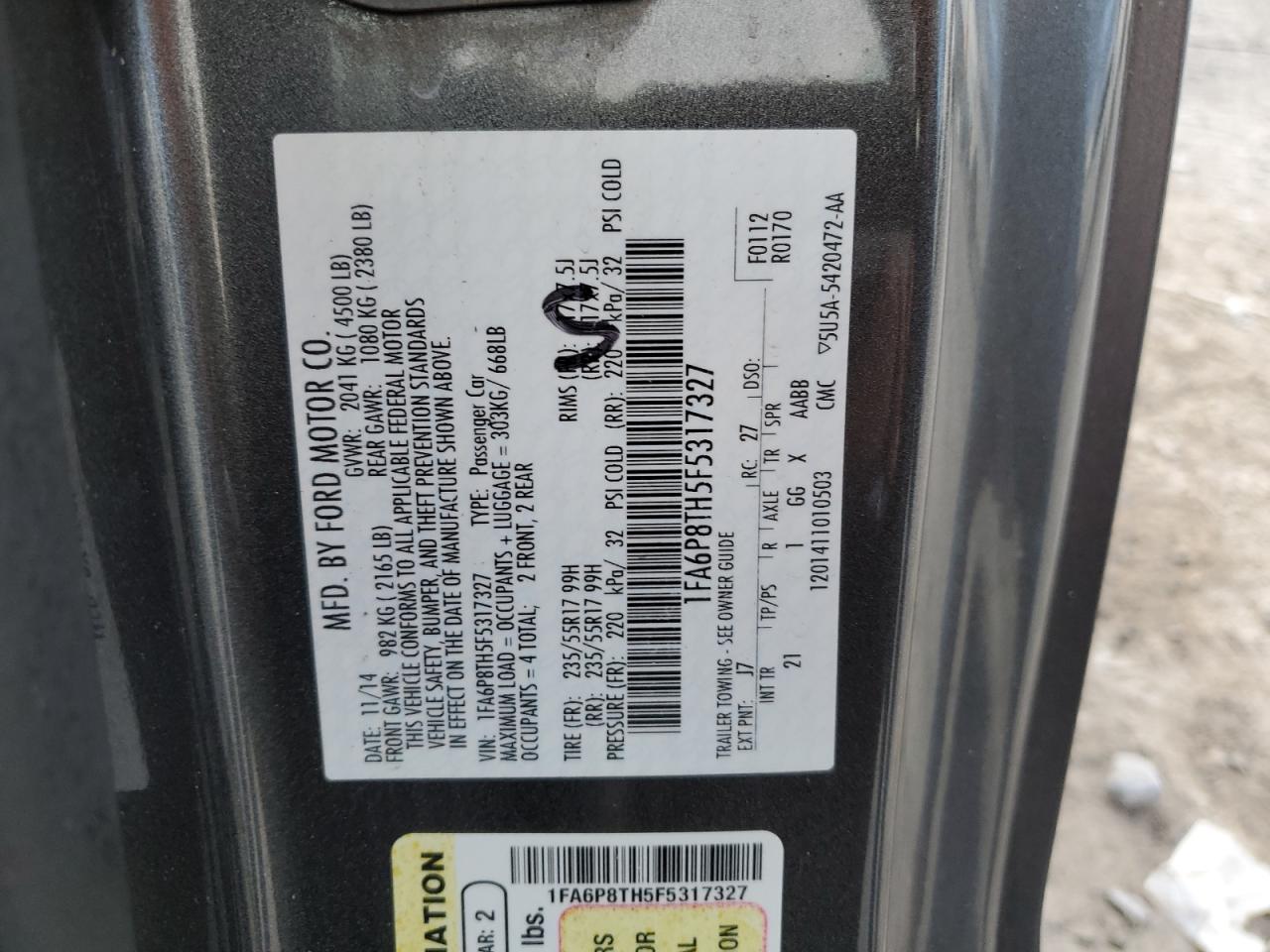 2015 Ford Mustang VIN: 1FA6P8TH5F5317327 Lot: 85902905