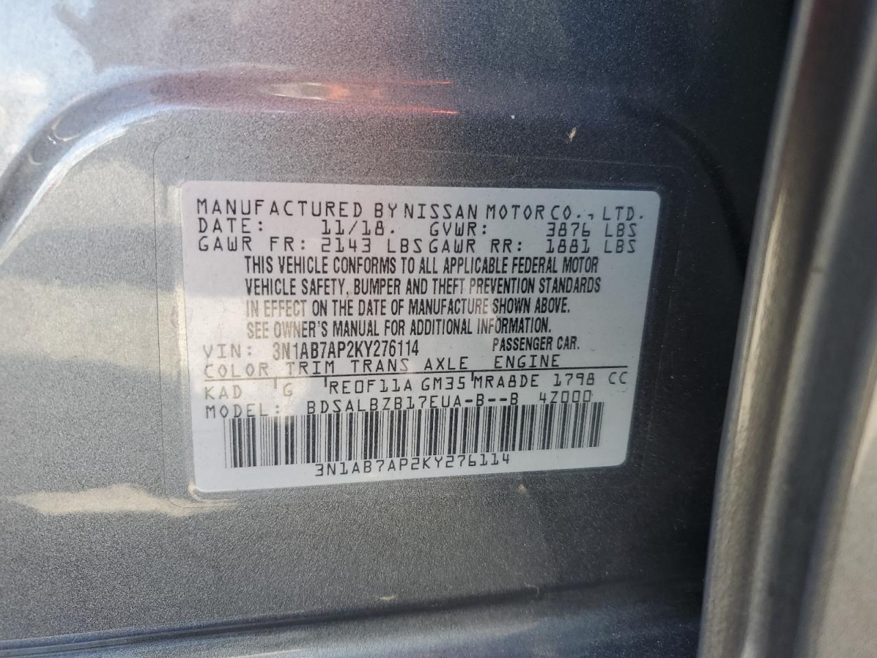 2019 Nissan Sentra S VIN: 3N1AB7AP2KY276114 Lot: 82244075