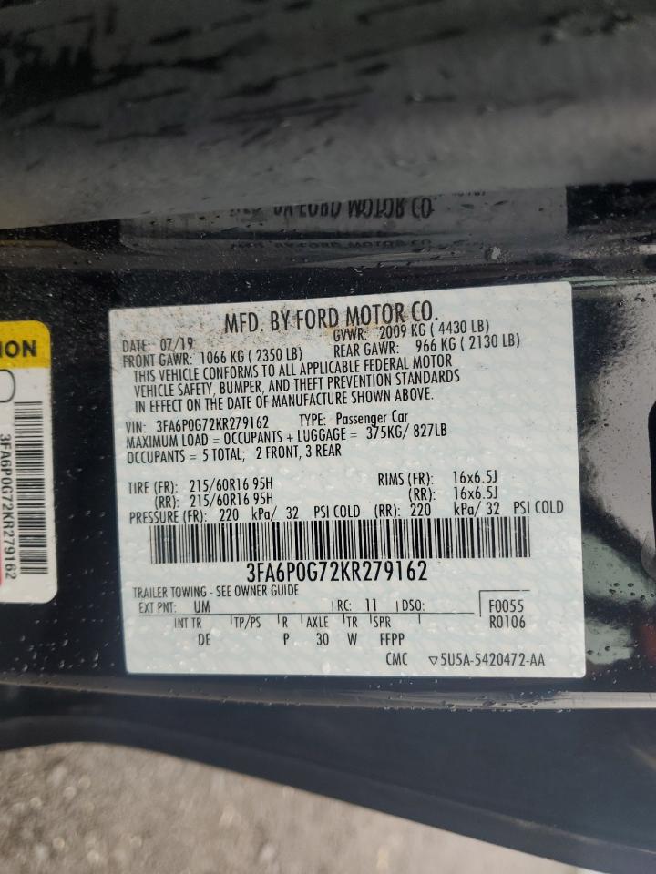 2019 Ford Fusion S VIN: 3FA6P0G72KR279162 Lot: 86433595