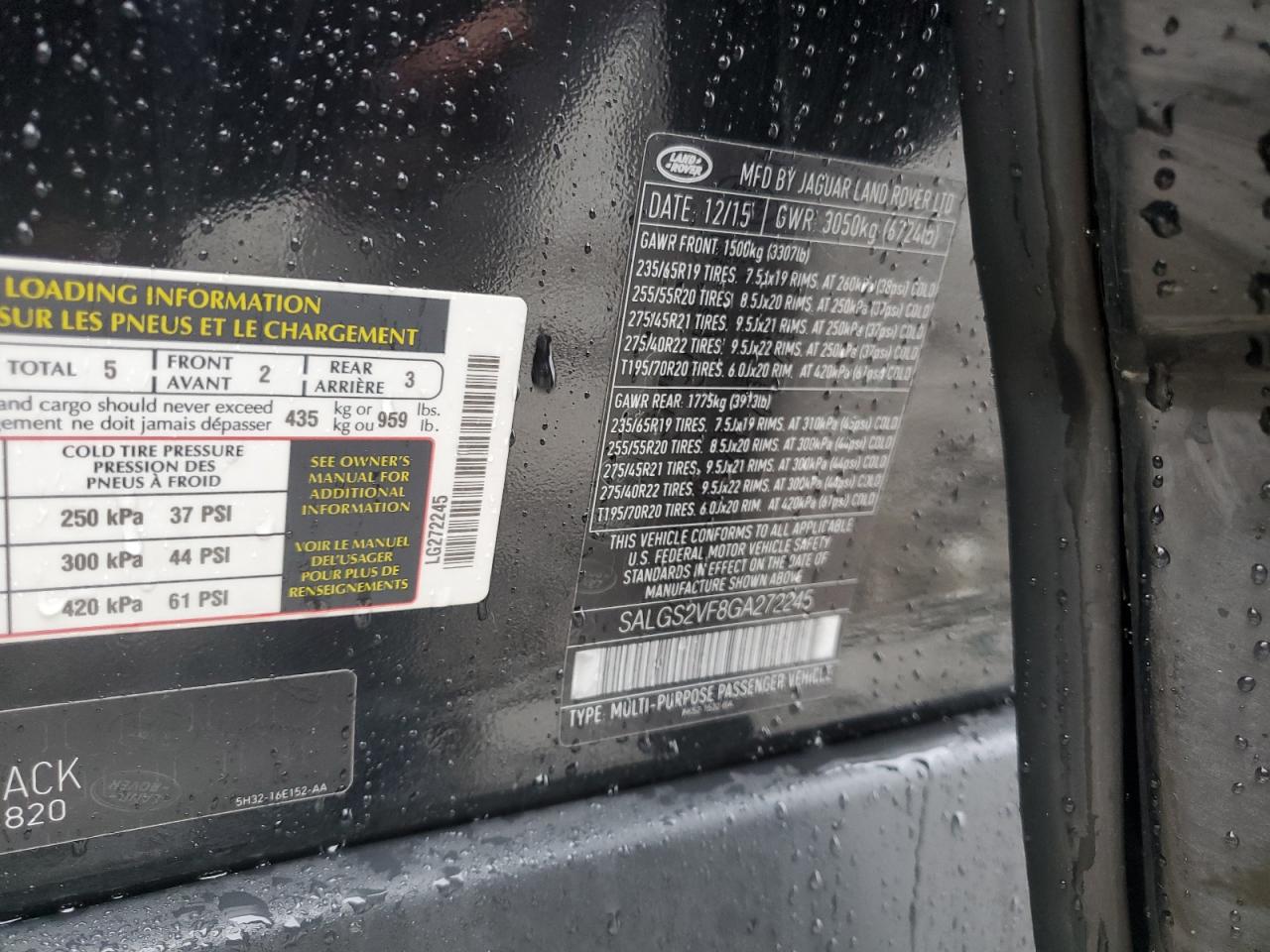 2016 Land Rover Range Rover Hse VIN: SALGS2VF8GA272245 Lot: 82254025