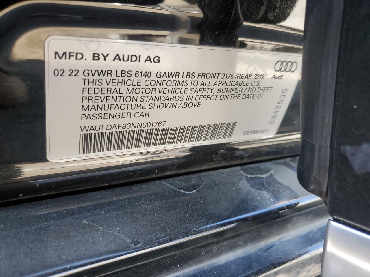 2022 Audi A8 L VIN: WAULDAF83NN001767 Lot: 85416025