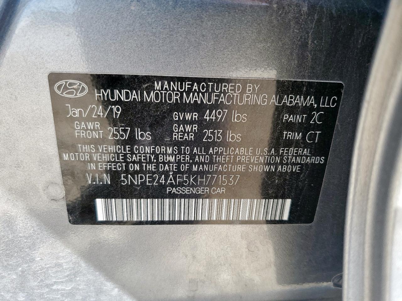 2019 Hyundai Sonata Se VIN: 5NPE24AF5KH771537 Lot: 82321165