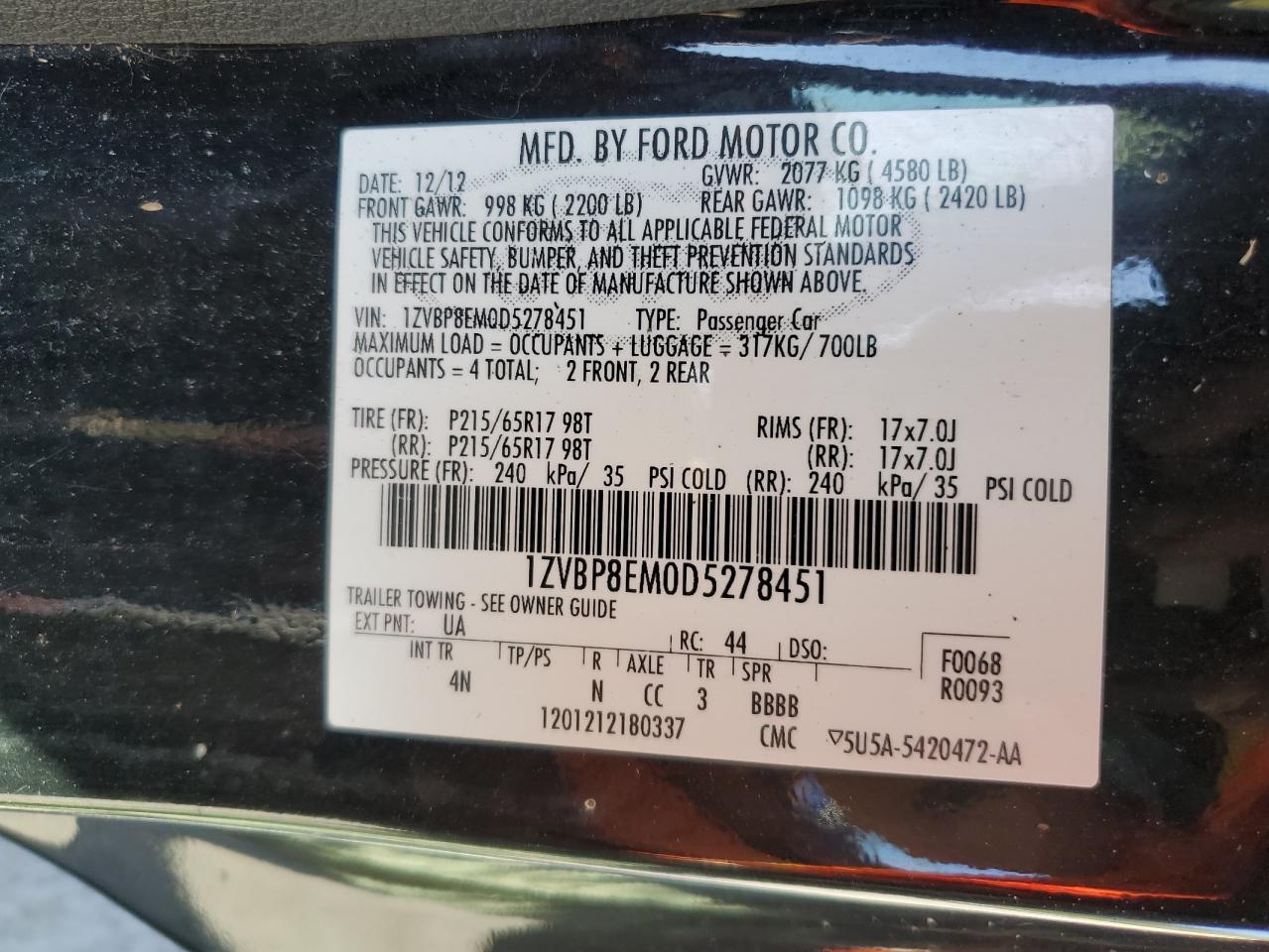 2013 Ford Mustang VIN: 1ZVBP8EM0D5278451 Lot: 85520955