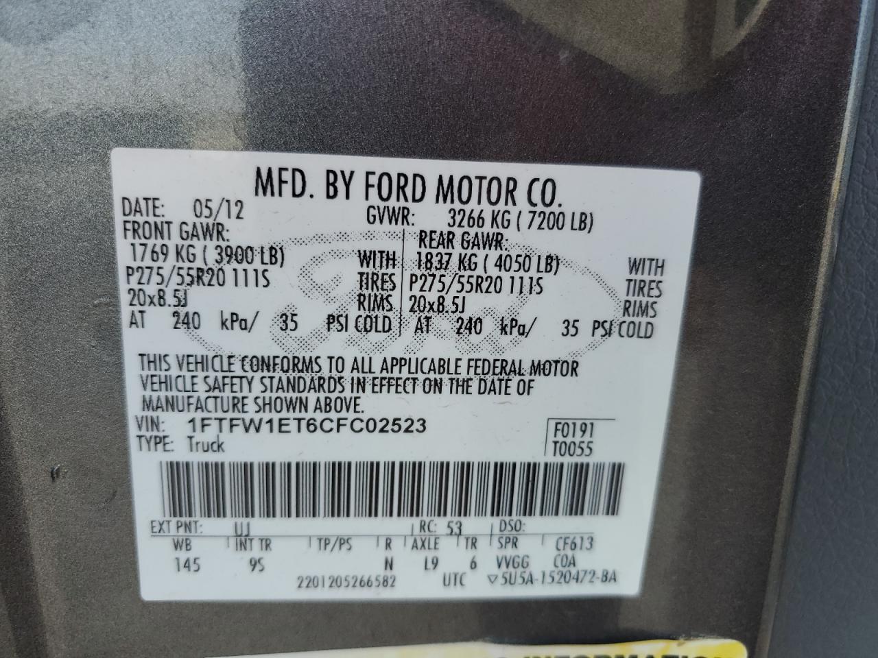 2012 Ford F150 Supercrew VIN: 1FTFW1ET6CFC02523 Lot: 85929905